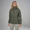 Moss Montane Women's Sirocco XT Hooded Insulated Jacket Model Front FSXTHMOS