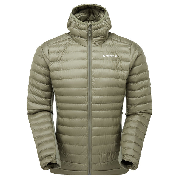 A hooded synthetic insulated jacket with quilted baffles, shown from the front.