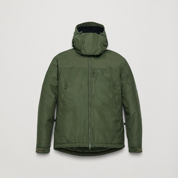 A moss-green heavyweight insulated jacket with a hood, shown from the front.